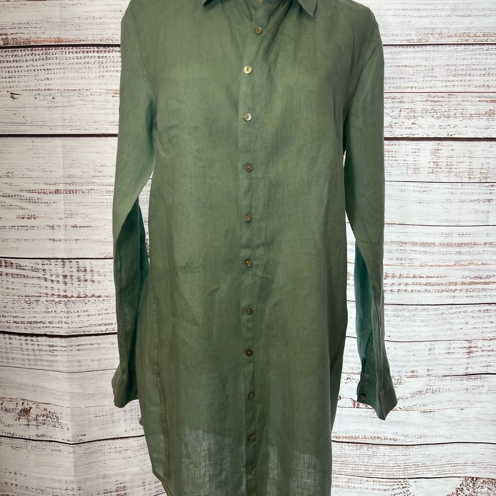 Halston 100% Linen Size Medium Seafoam Button‎ Up Dress